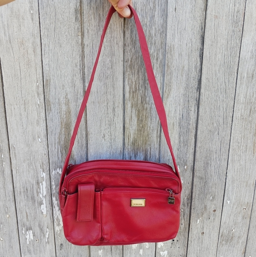 Vintage PERLINA New York Small Shoulder Bag Soft Red Genuine Leather Y2K‎